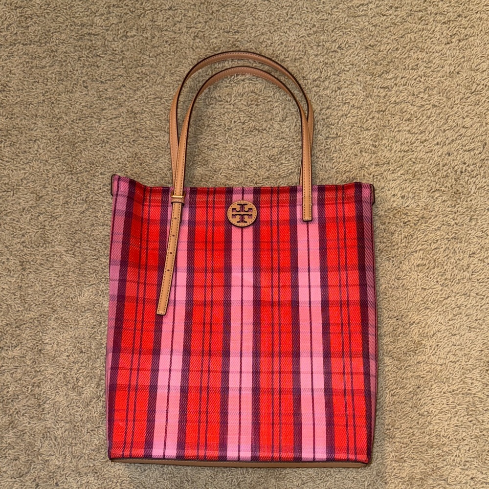 Tory Burch Vibrant Red and Pink Checkered Tote
